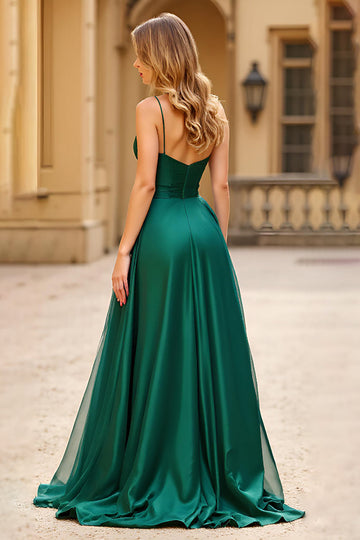 Dark Green A Line Spaghetti Straps Satin Long Formal Dress